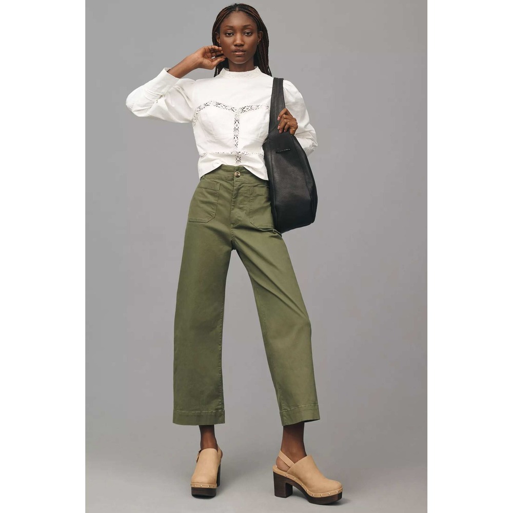 Maeve The Colette Crop Wide-Leg Pants Womens 25 Olive Green Linen Blend